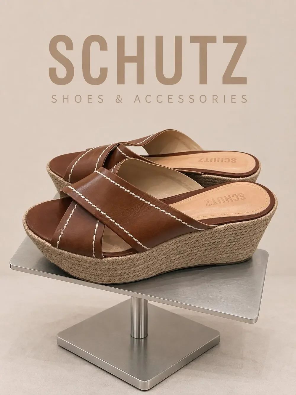 Schutz Brown Leather Espadrille Wedge Slide Sandals Women’s 9.5B